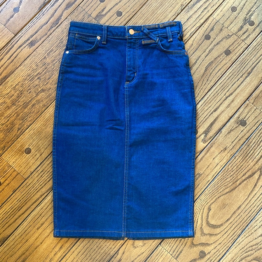 Wrangler + Staud The Pencil Skirt Dark Rinse 24
